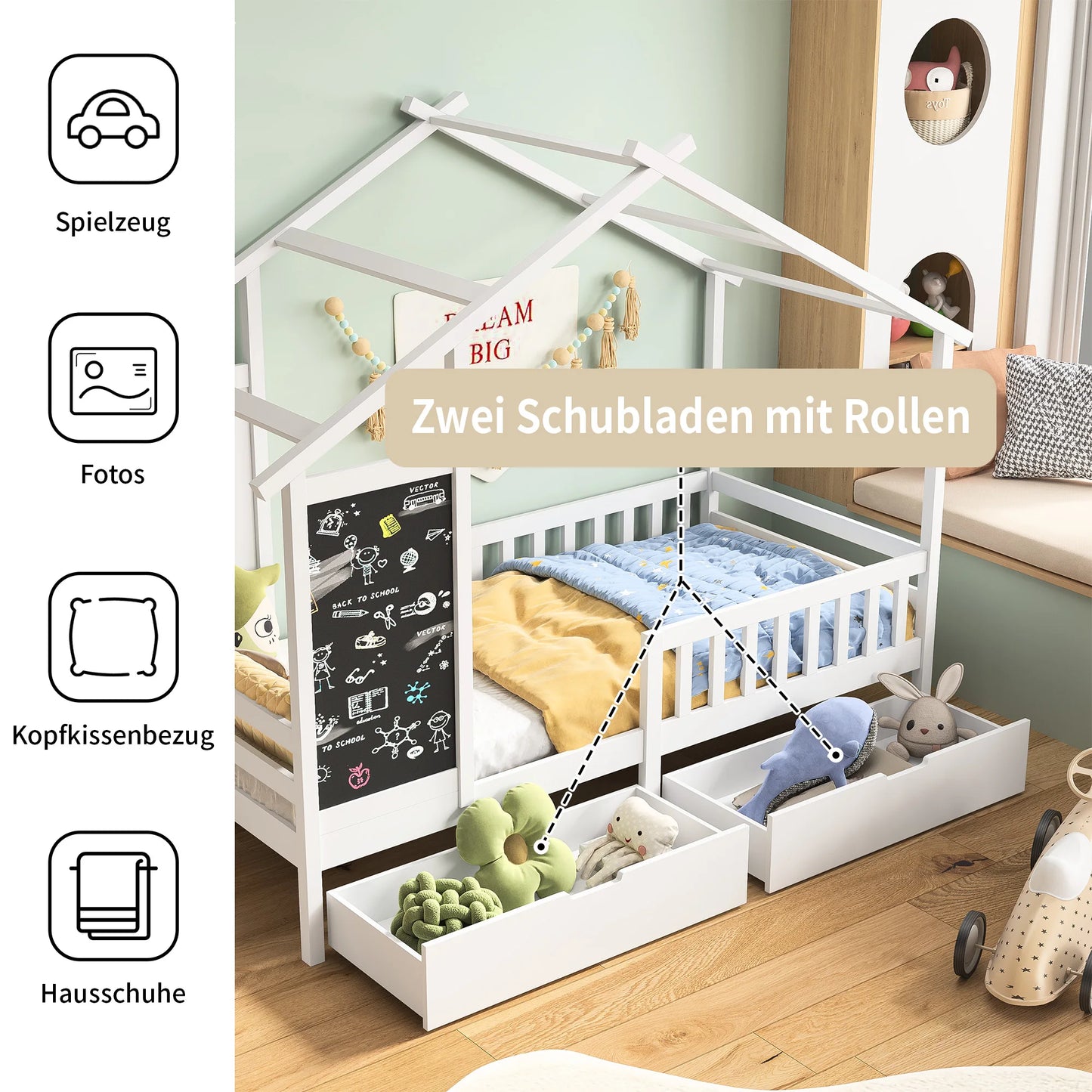 Kinderhausbett 90x200 cm aus Massivholz mit Tafel, Zaun & 2 Schubladen