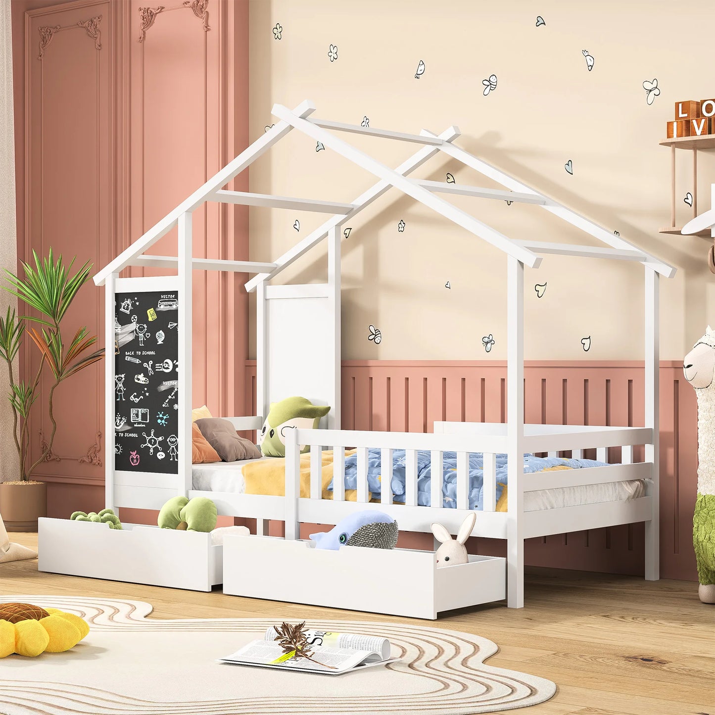 Kinderhausbett 90x200 cm aus Massivholz mit Tafel, Zaun & 2 Schubladen