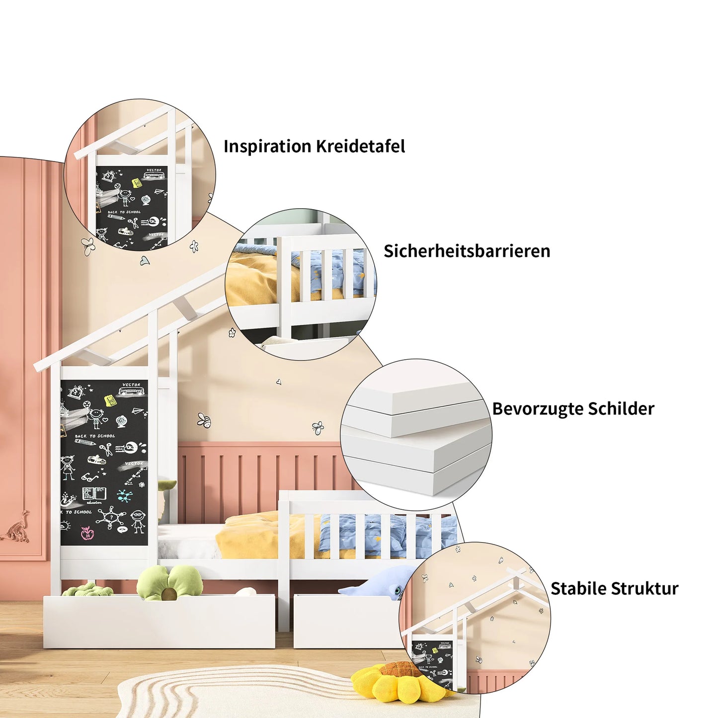 Kinderhausbett 90x200 cm aus Massivholz mit Tafel, Zaun & 2 Schubladen
