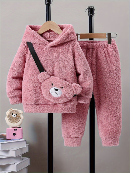 Kuscheliges 3-teiliges Winterset für Mädchen – Hoodie, Hose & Cartoon-Tasche