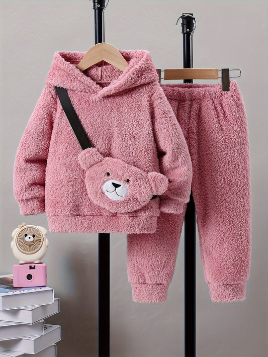 Kuscheliges 3-teiliges Winterset für Mädchen – Hoodie, Hose & Cartoon-Tasche