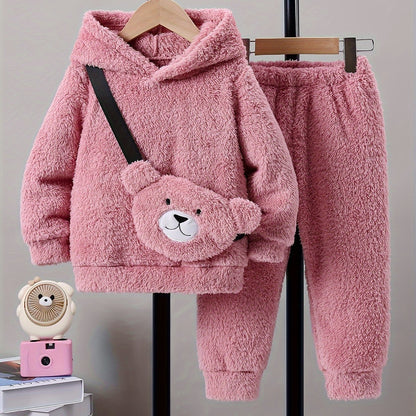Kuscheliges 3-teiliges Winterset für Mädchen – Hoodie, Hose & Cartoon-Tasche