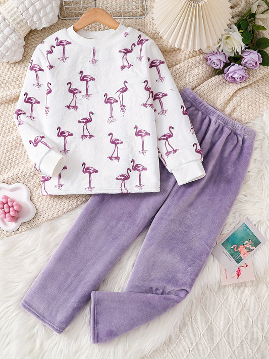 Mädchen Flamingo Set – Langarm-Sweatshirt & Kuschelhose für Frühling/Herbst