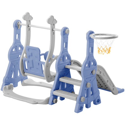 4-in-1 Kinder Rutsche mit Schaukel, Klettergerüst, Langer Rutsche und Basketballkorb, blau