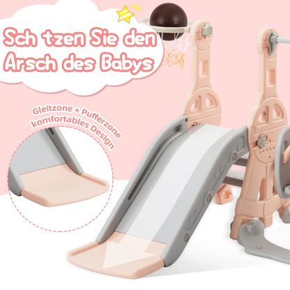 4-in-1 Kinder Rutsche mit Schaukel und Basketballkorb, Pink