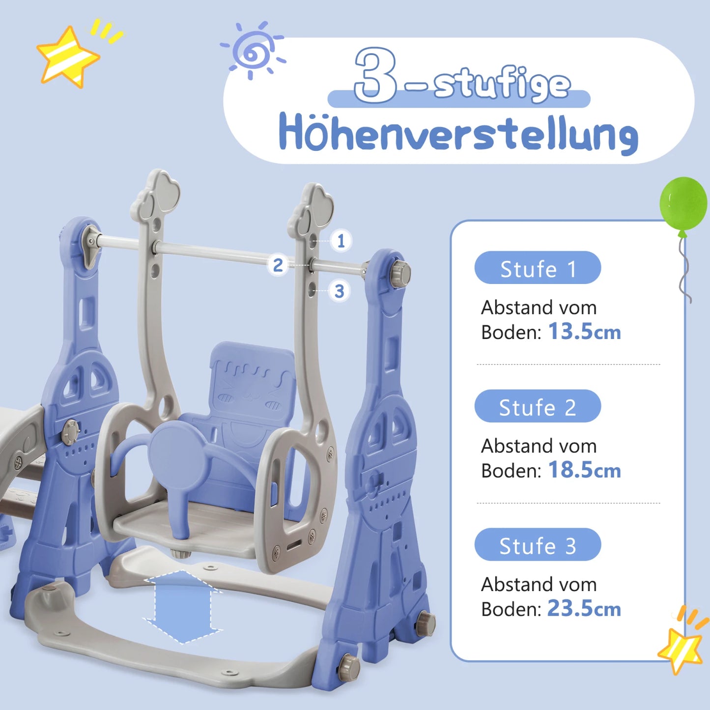 4-in-1 Kinder Rutsche mit Schaukel, Klettergerüst, Langer Rutsche und Basketballkorb, blau
