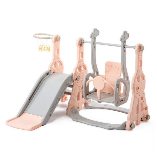 4-in-1 Kinder Rutsche mit Schaukel und Basketballkorb, Pink