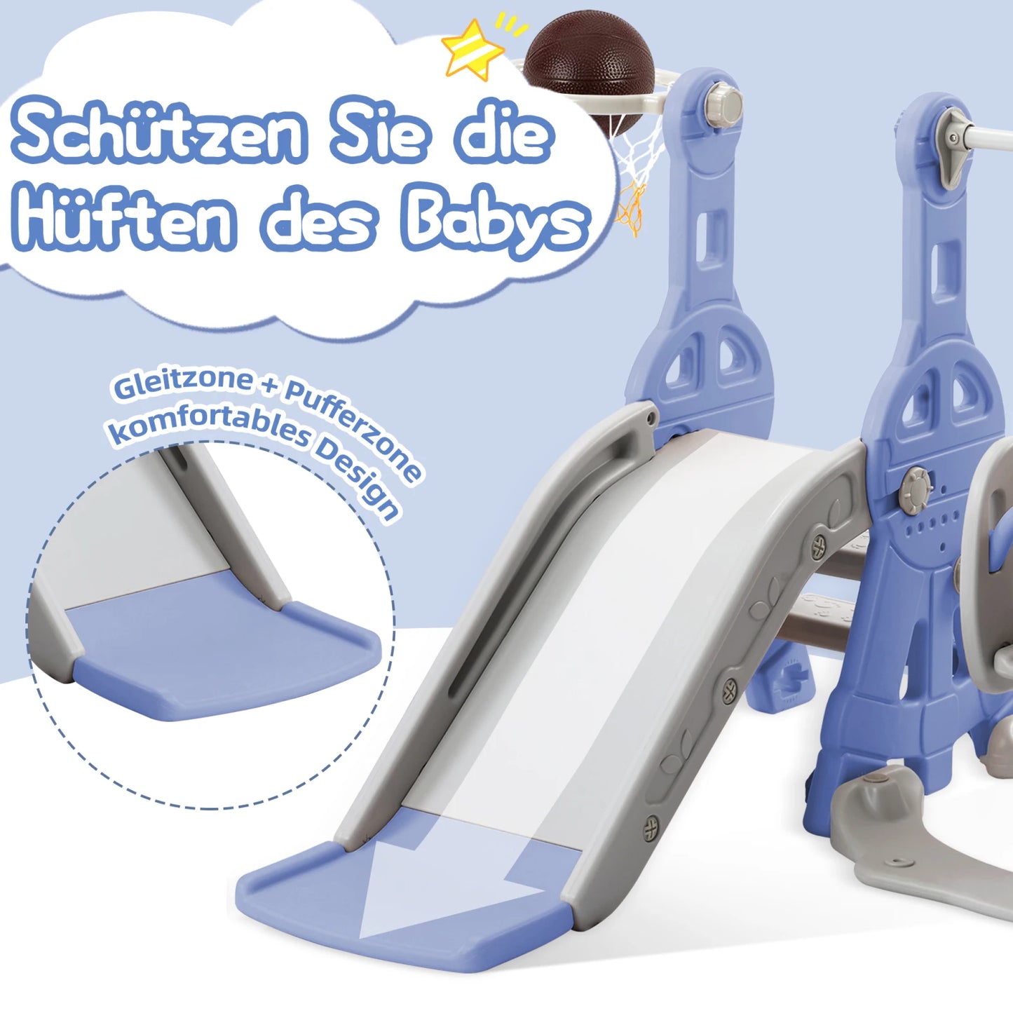 4-in-1 Kinder Rutsche mit Schaukel, Klettergerüst, Langer Rutsche und Basketballkorb, blau