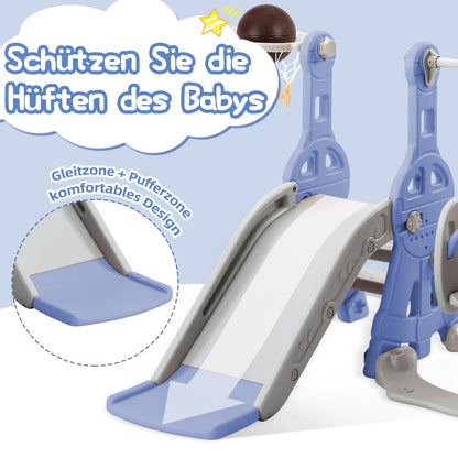 4-in-1 Kinder Rutsche mit Schaukel, Klettergerüst, Langer Rutsche und Basketballkorb, blau