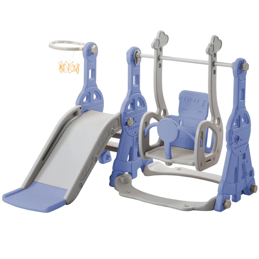 4-in-1 Kinder Rutsche mit Schaukel, Klettergerüst, Langer Rutsche und Basketballkorb, blau