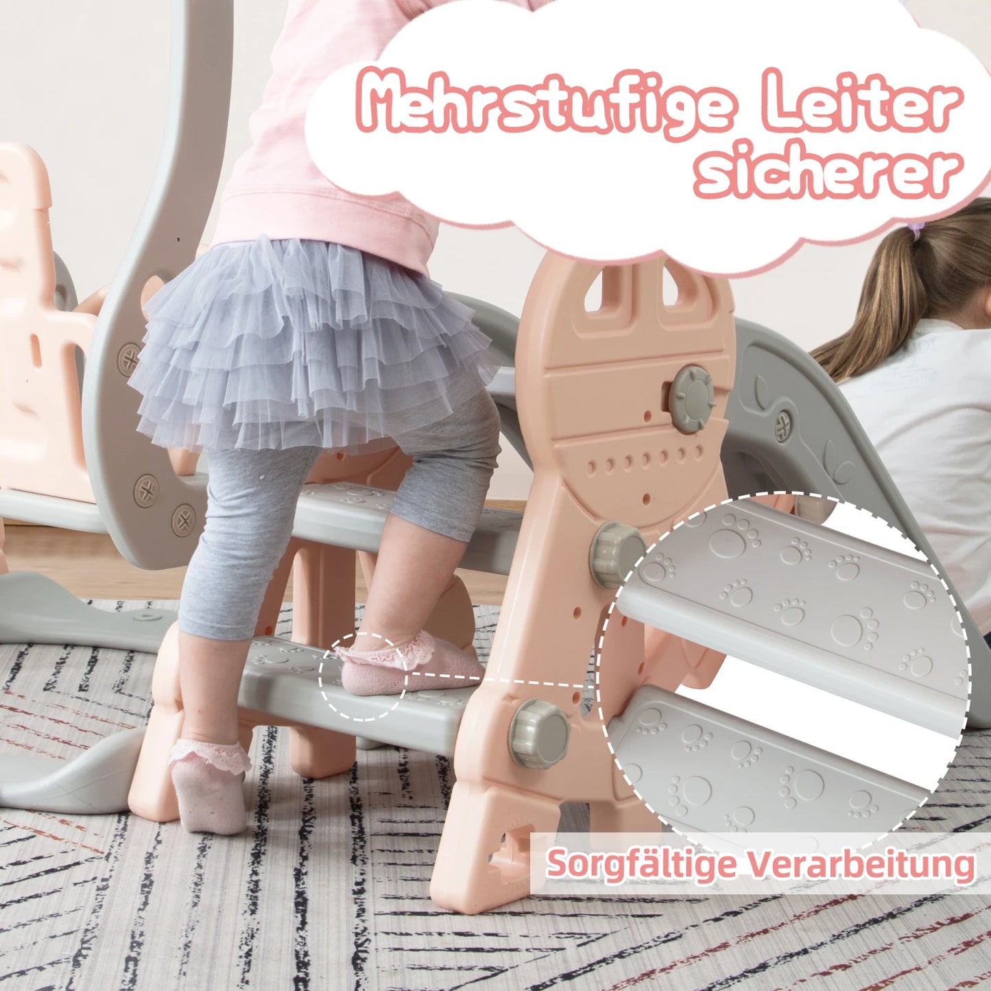 4-in-1 Kinder Rutsche mit Schaukel und Basketballkorb, Pink
