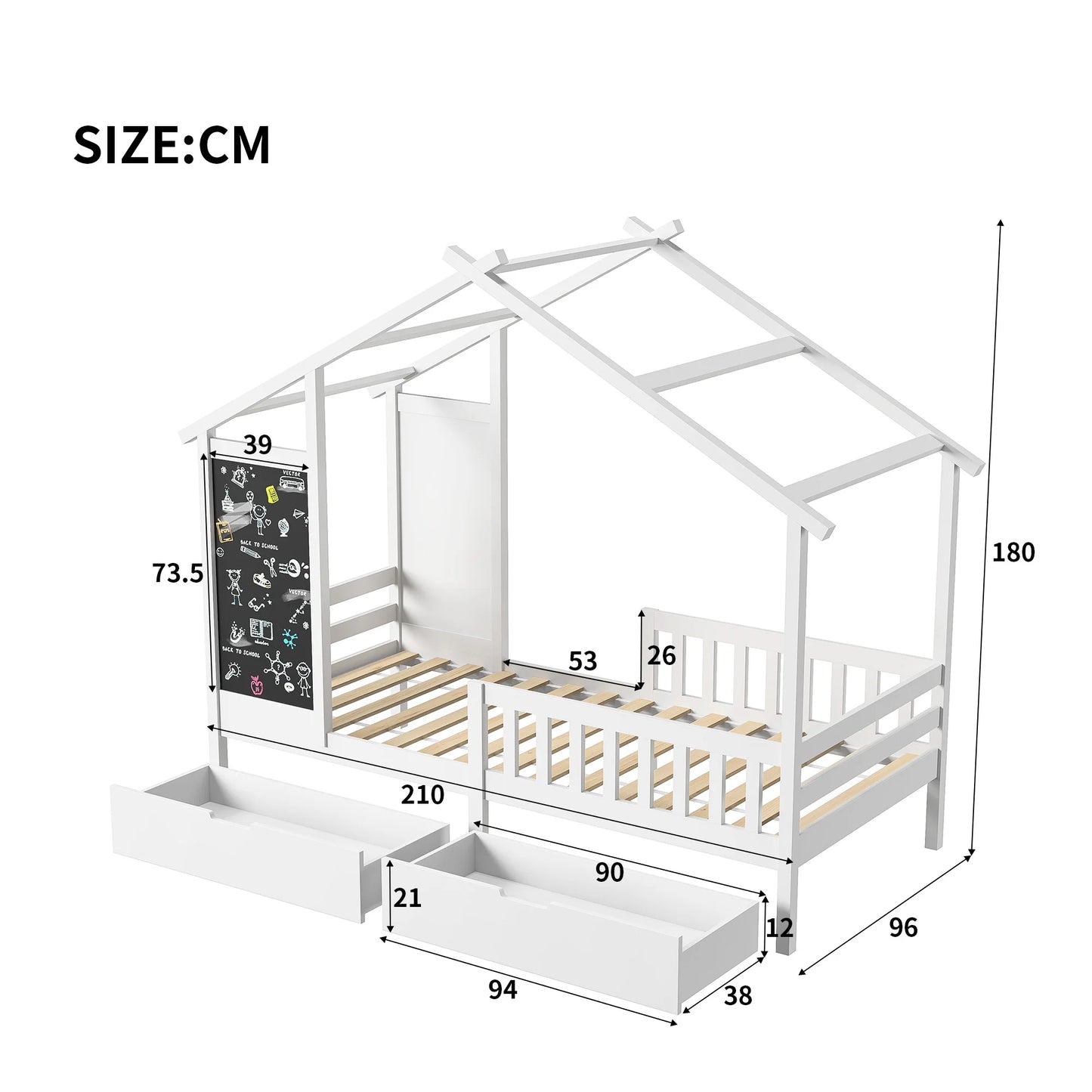 Kinderhausbett 90x200 cm aus Massivholz mit Tafel, Zaun & 2 Schubladen