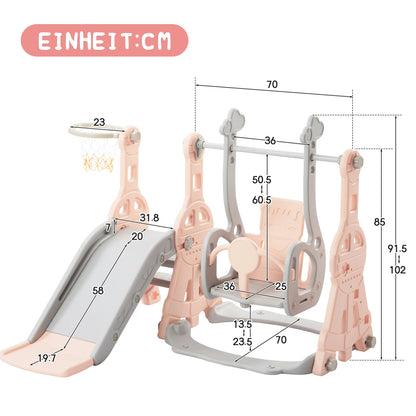 4-in-1 Kinder Rutsche mit Schaukel und Basketballkorb, Pink
