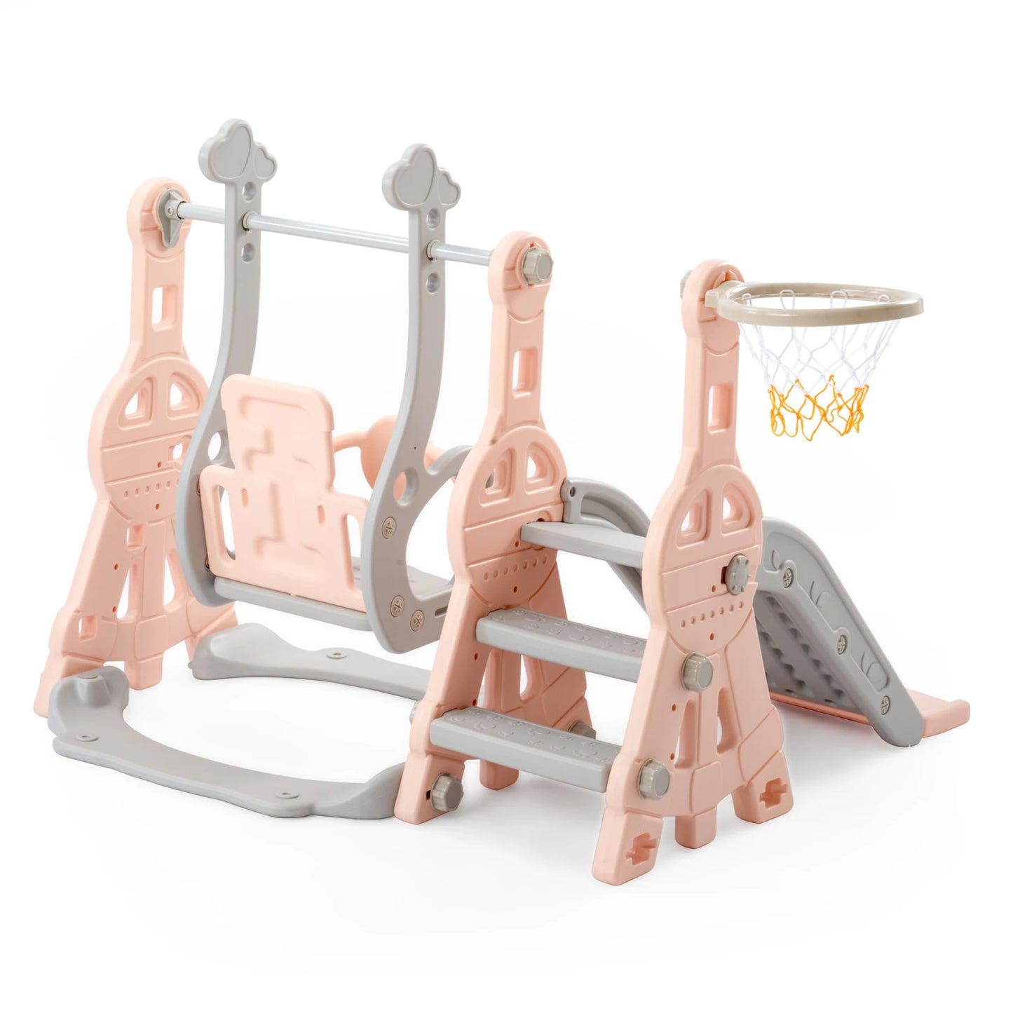 4-in-1 Kinder Rutsche mit Schaukel und Basketballkorb, Pink