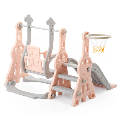 4-in-1 Kinder Rutsche mit Schaukel und Basketballkorb, Pink