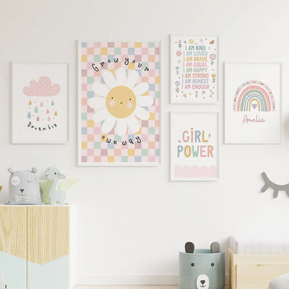 Sonne & Regenbogen – Nordic Cartoon Leinwanddruck | Kinderzimmer Wandkunst