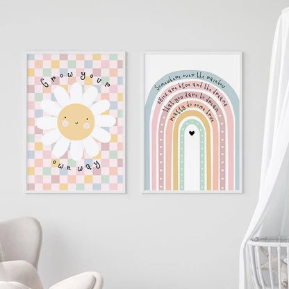 Sonne & Regenbogen – Nordic Cartoon Leinwanddruck | Kinderzimmer Wandkunst