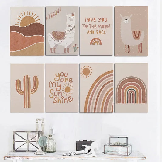 Alpaka Regenbogen Kaktus Poster – Boho Leinwandkunst für Kinderzimmer