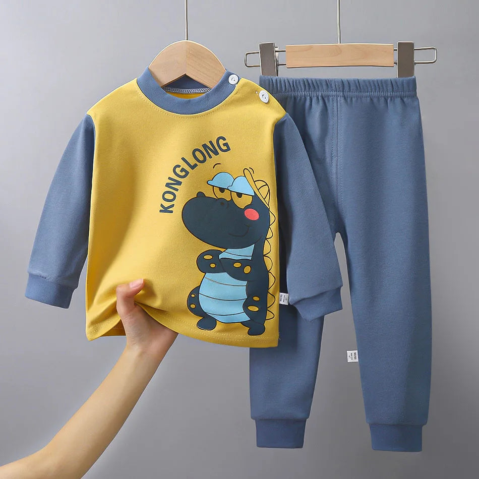Kinder Baumwoll-Pyjama Set Unisex - Dinosaurier Design, weich & bequem für Herbst/Winter