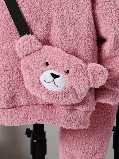 Kuscheliges 3-teiliges Winterset für Mädchen – Hoodie, Hose & Cartoon-Tasche